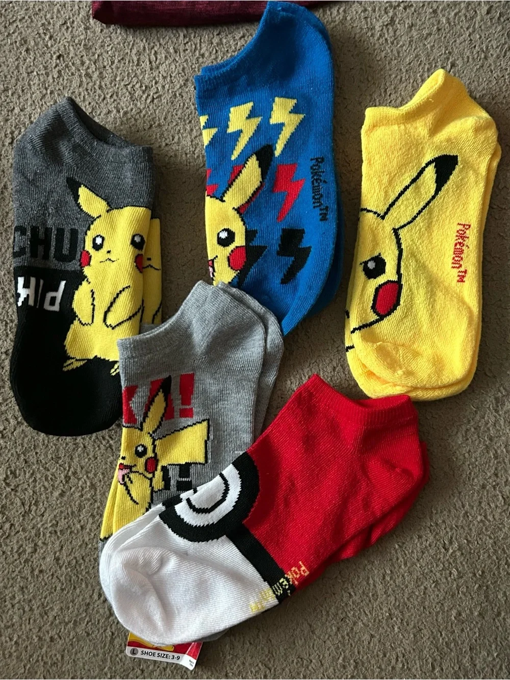 Pokemon No-Show Socks Pack — Yellow, Blue, Gray, Red, Black